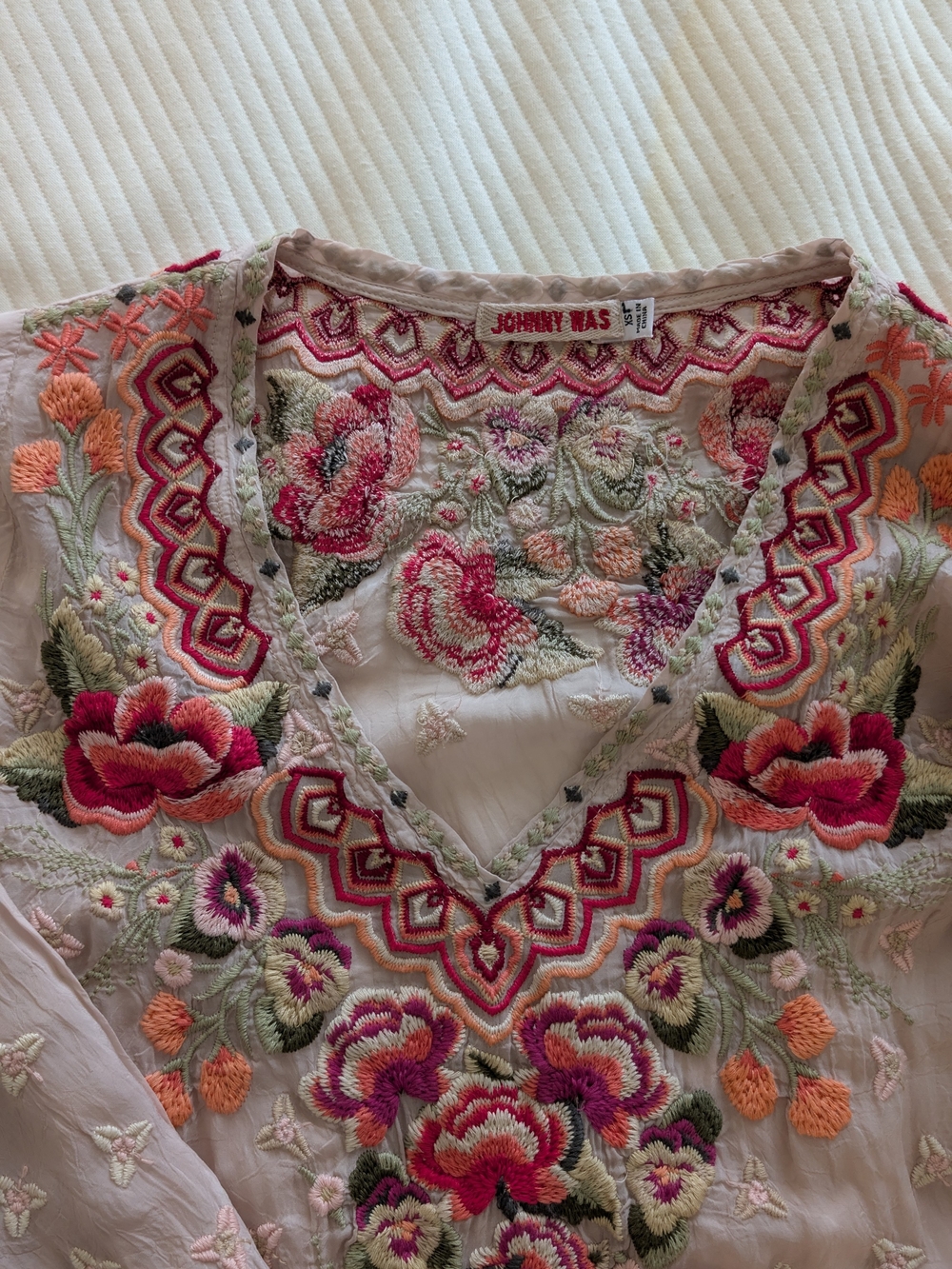 Johnny Was Blush Pink Floral Embroidered V-Neck Tunic